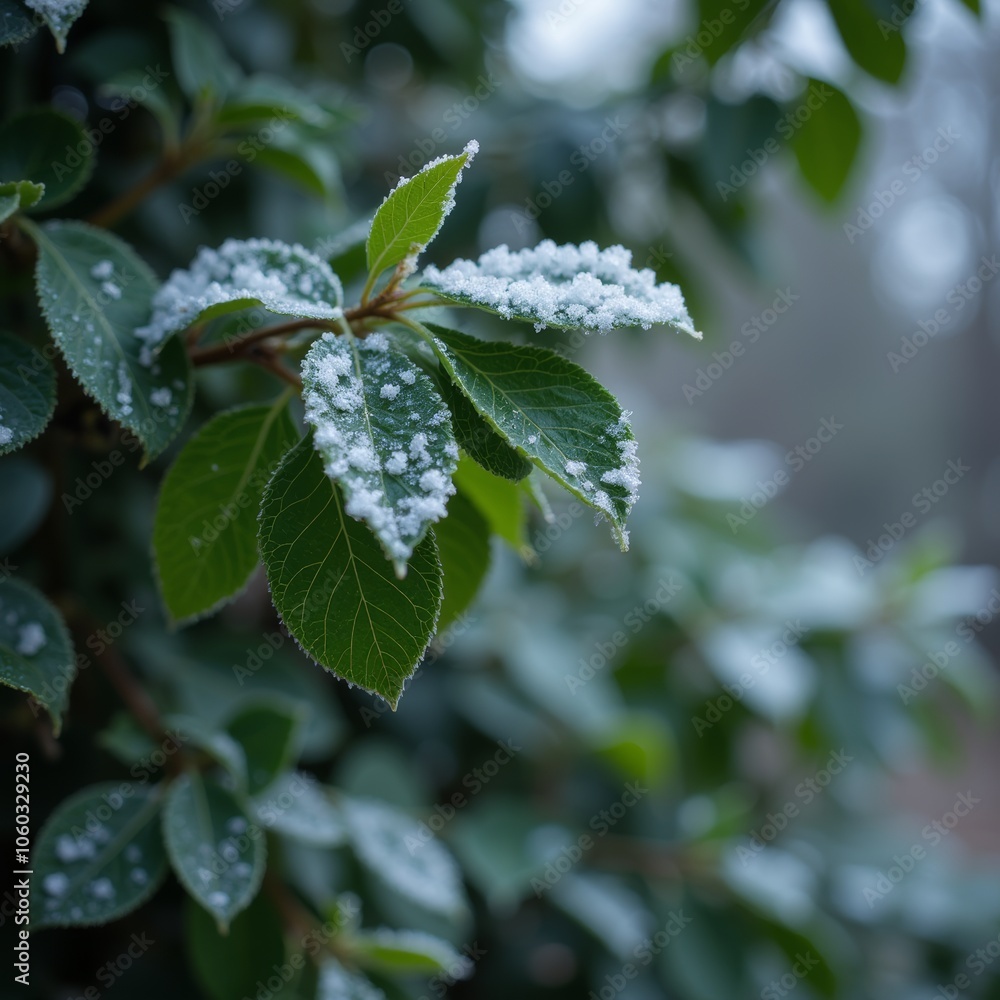 Poster branches covered in snow with frosted leaves in serene winter setting
