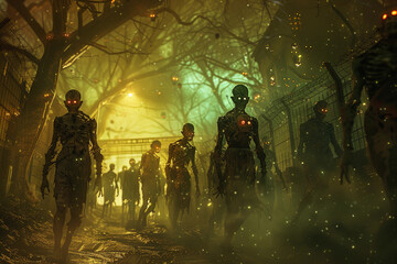 Fototapeta premium Scary zombie wandering in street with dramatic lighting on Halloween