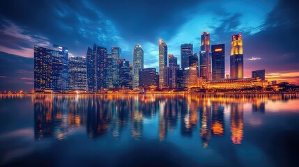 Fototapeta premium Singapore skyline reflecting in marina bay at dusk
