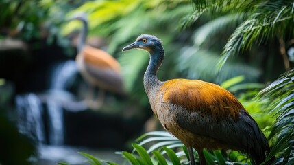 Obraz premium Grey-winged trumpeter enjoying the tropical forest near a waterfall