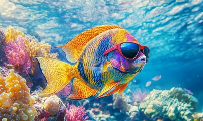 Fototapeta premium Colorful fish with sunglasses swims in coral reef.