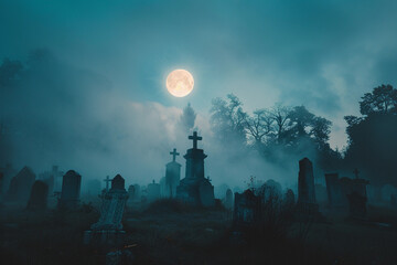 Fantastically mysterious cemetery with tombstones and scary atmosphere