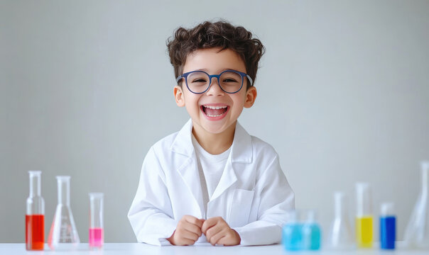 A young boy wearing a lab coat and glasses is smiling