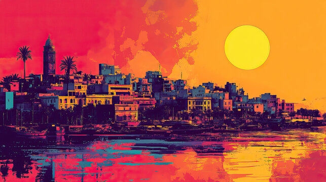 Benghazi, Libya, Pop Art style theme print. Cityscape, city skyline.Vibrant, bright, modern, trendy, graphic designed for poster, card, wallpaper
