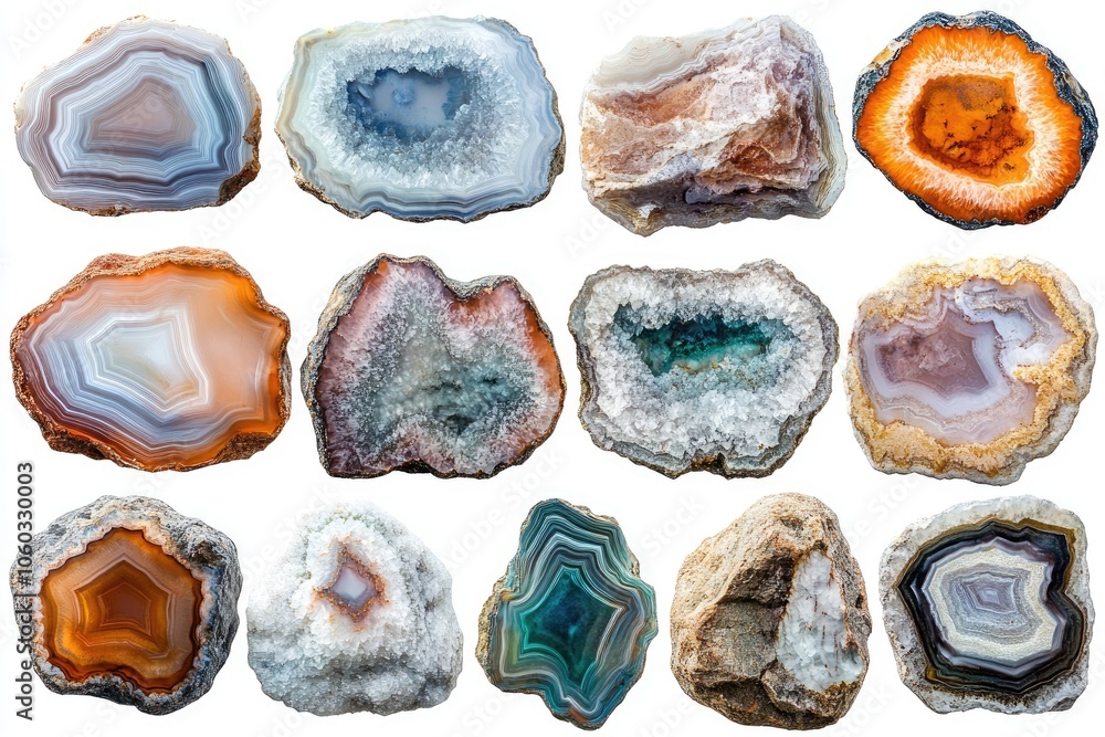 Aufkleber collection of twelve colorful agate slices and geodes showing natural concentric patterns