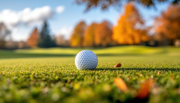 Close-up of a golf ball on a lush green putting green surrounded by colorful autumn foliage, capturing the essence of a perfect day for golf.