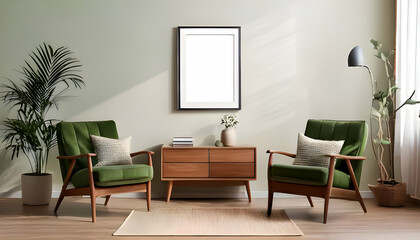 Stylish home living room interior with chairs and drawer, mockup frame