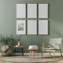 A cozy living room with a green wall. a comfy chair. two coffee tables. and six empty picture frames ready for your artwork