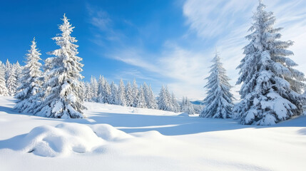 Obraz premium A snowy field with two pine trees in the foreground
