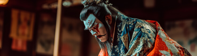 Naklejka premium Traditional Kabuki theater performance featuring actor in elaborate costume, showcasing intense expression and vibrant colors