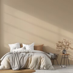 Minimalist bedroom interior with a beige wall, wooden floor, white bedding, a wicker pendant light, and a vase with dried pampas grass on a wooden side table