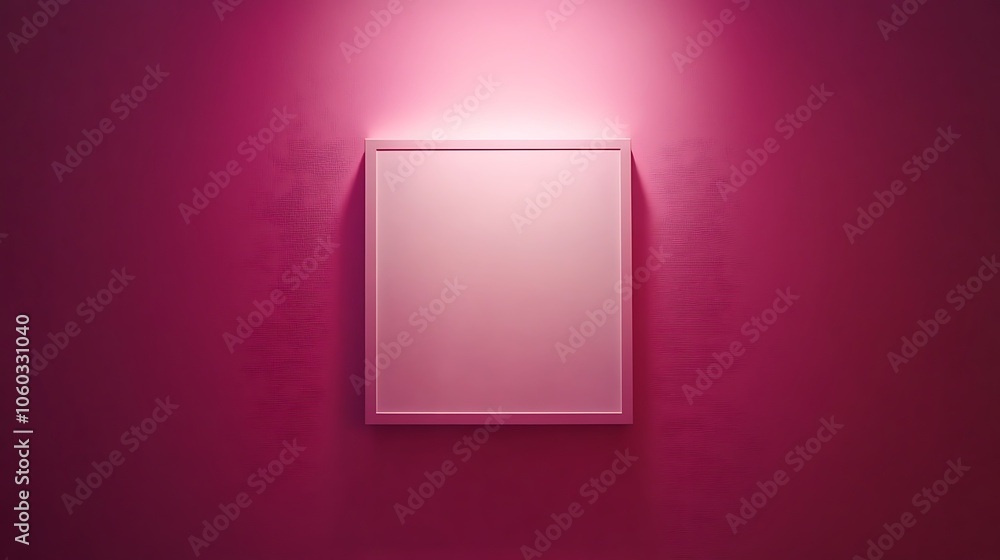 Poster a minimalist empty frame on a vibrant pink wall, emphasizing simplicity and space.