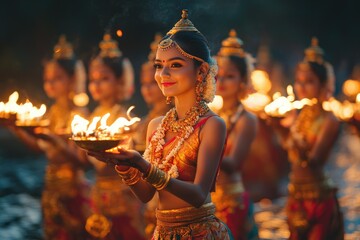 Indian dancers holding burning oil lamps celebrating diwali festival