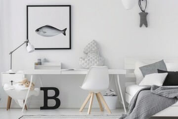 Minimalist white home office with a white desk, a white chair, a woven lamp, a large palm tree, a fish print, and a woven rug