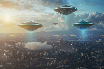 Obraz premium Iron oval UFO saucer hovering over beautiful landscape in dramatic sky