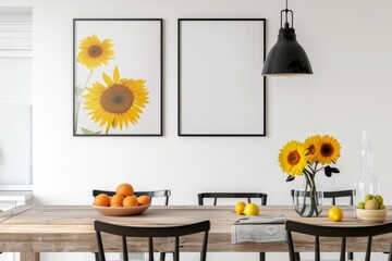 A modern dining room interior with two empty frames on the wall. a wooden table. black chairs. and a bowl of fruit