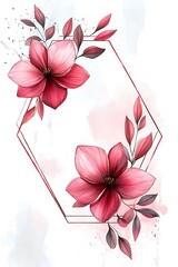 Beautiful watercolor floral composition with pink flowers and delicate leaves in a hexagonal frame for elegant decor inspiration