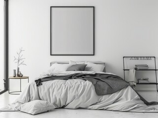 Minimalist bedroom interior design with a large empty picture frame above the bed. white bed linens. a black lamp. and a large window