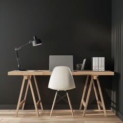 Minimalist home office with wooden desk. white chair. laptop. lamp and pampas grass against a black wall