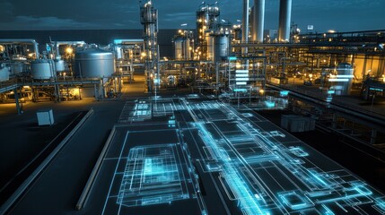 Futuristic monitoring systems in a gas processing facility, tracking real-time industrial operations