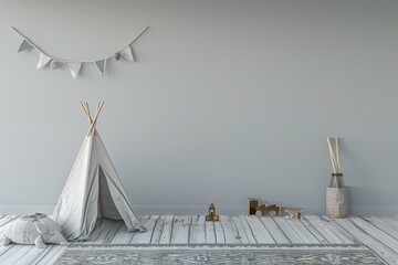 A minimalist white room with a small teepee and wooden toys, perfect for a nursery or playroom. Sunlight shines through the window casting shadows on the wall