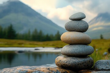 Stack of balancing zen stones near peaceful mountain lake at sunset