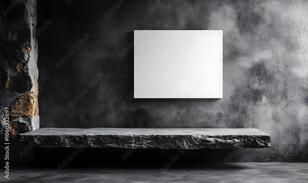 Poster a minimalist display featuring a blank canvas on a stone shelf against a textured wall.