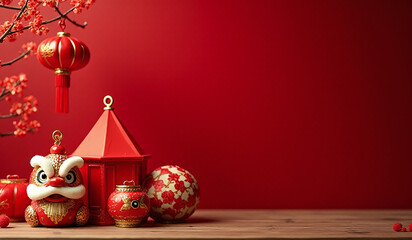 vibrant chinese new year decorations adorn wooden table set deep red backdrop