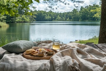 Romantic picnic setup overlooking serene lake with delicious food and drinks