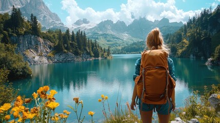 Hiker admiring stunning turquoise lake and majestic dolomites mountains