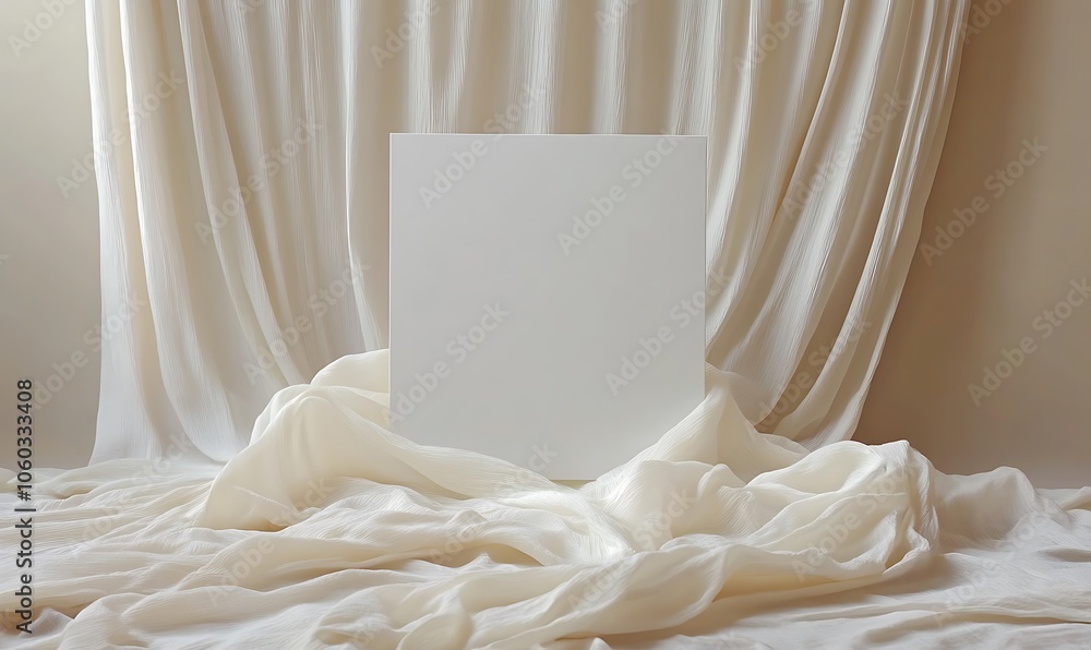 Poster a minimalistic setup featuring a blank canvas against a soft, draped background.