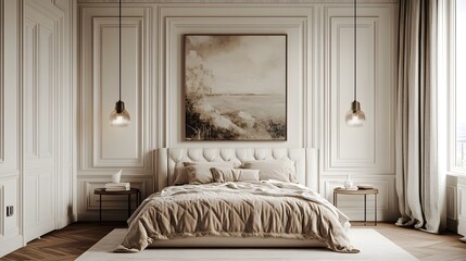 A bedroom with white paneling, a large vertical picture frame on the wall above the bed, neutral tones, a luxury aesthetic, a moody atmosphere