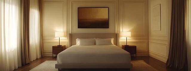 A bedroom with white paneling, a large vertical picture frame on the wall above the bed, neutral tones, a luxury aesthetic, a moody atmosphere