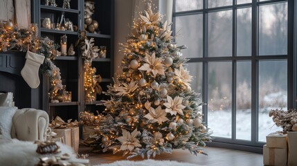 Christmas tree decorated with beige poinsettia flowers and lighting up a cozy living room