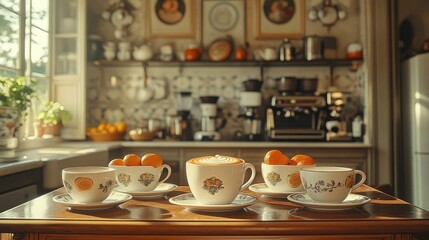 Obraz premium Four coffee cups with mandarin oranges on a wooden table in a rustic kitchen.