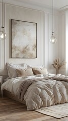 A bedroom with white paneling, a large vertical picture frame on the wall above the bed, neutral tones, a luxury aesthetic, a moody atmosphere