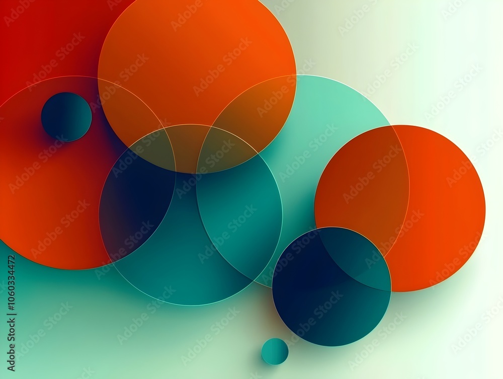 Poster colorful abstract composition featuring overlapping circles in shades of teal and orange, creating a