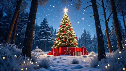 Obraz premium christmas tree in the snow gifts boxs