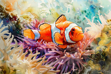 Fantastically beautiful bright clownfish swims in sea among vivid corals