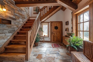 Wooden staircase leading upwards in rustic chalet style home interior
