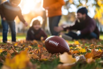 family playing a game of touch football in the backyard on Thanksgiving, with autumn leaves scattered around, minimal background with copy space