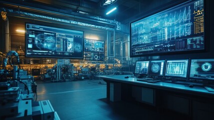 Control room filled with digital screens, tracking fuel data and processing systems in real-time