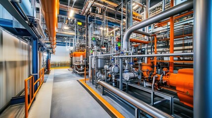 Fototapeta premium Complex piping systems at a natural gas processing facility, clean industrial design with high efficiency