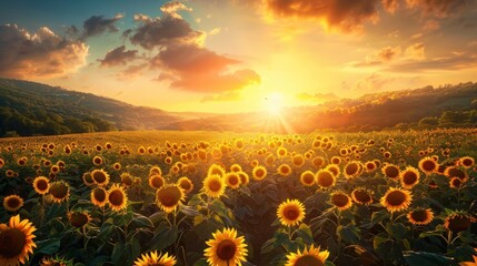 Obraz premium the beauty of the sunset over the sunflower field. Panoramic view