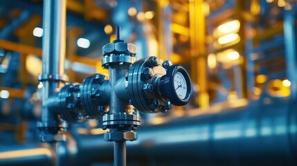 Fototapeta premium Close-up of refinery valves managing pressurized fuel systems in a clean industrial environment