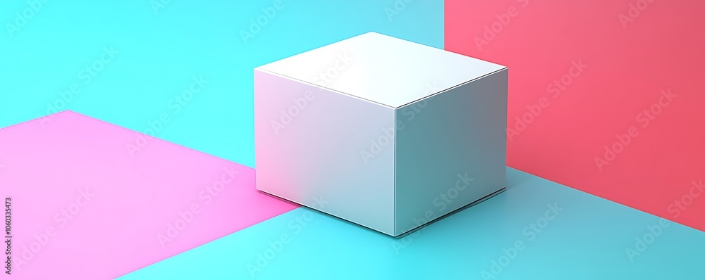 Poster a minimalistic 3d cube on a colorful background of pink and blue.