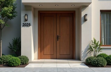Modern entrance of a house with large wooden double doors, minimalistic wall lights, and the number 2025 displayed on the door, symbolizing the entrance into the new 2025 year