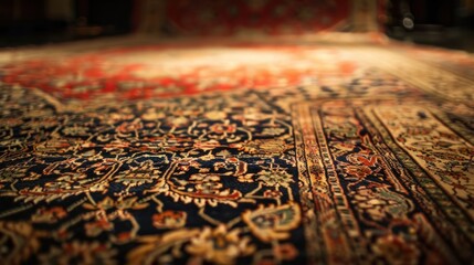 close up of a beautiful intricately patterned Persian carpet.