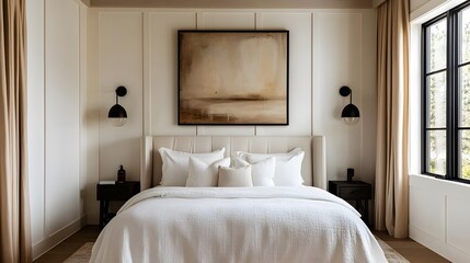 A bedroom with white paneling, a large vertical picture frame on the wall above the bed, neutral tones, a luxury aesthetic, a moody atmosphere