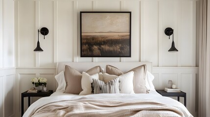 A bedroom with white paneling, a large vertical picture frame on the wall above the bed, neutral tones, a luxury aesthetic, a moody atmosphere